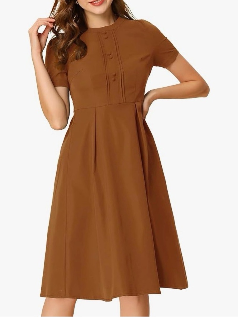 Allegra K Vintage Round Neck Short Sleeve Pleated Midi Dress, Brown, Size S